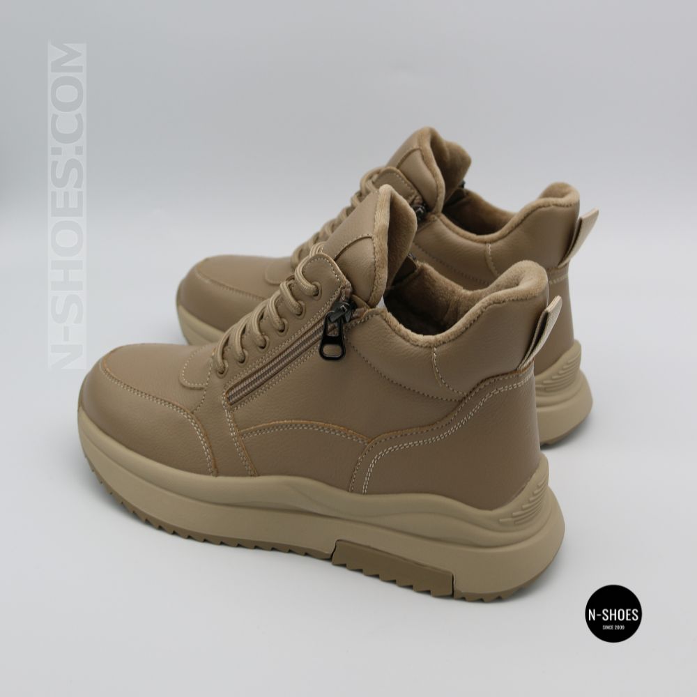 Beige Leather Women's Winter Sneaker Boots Allsy 215009