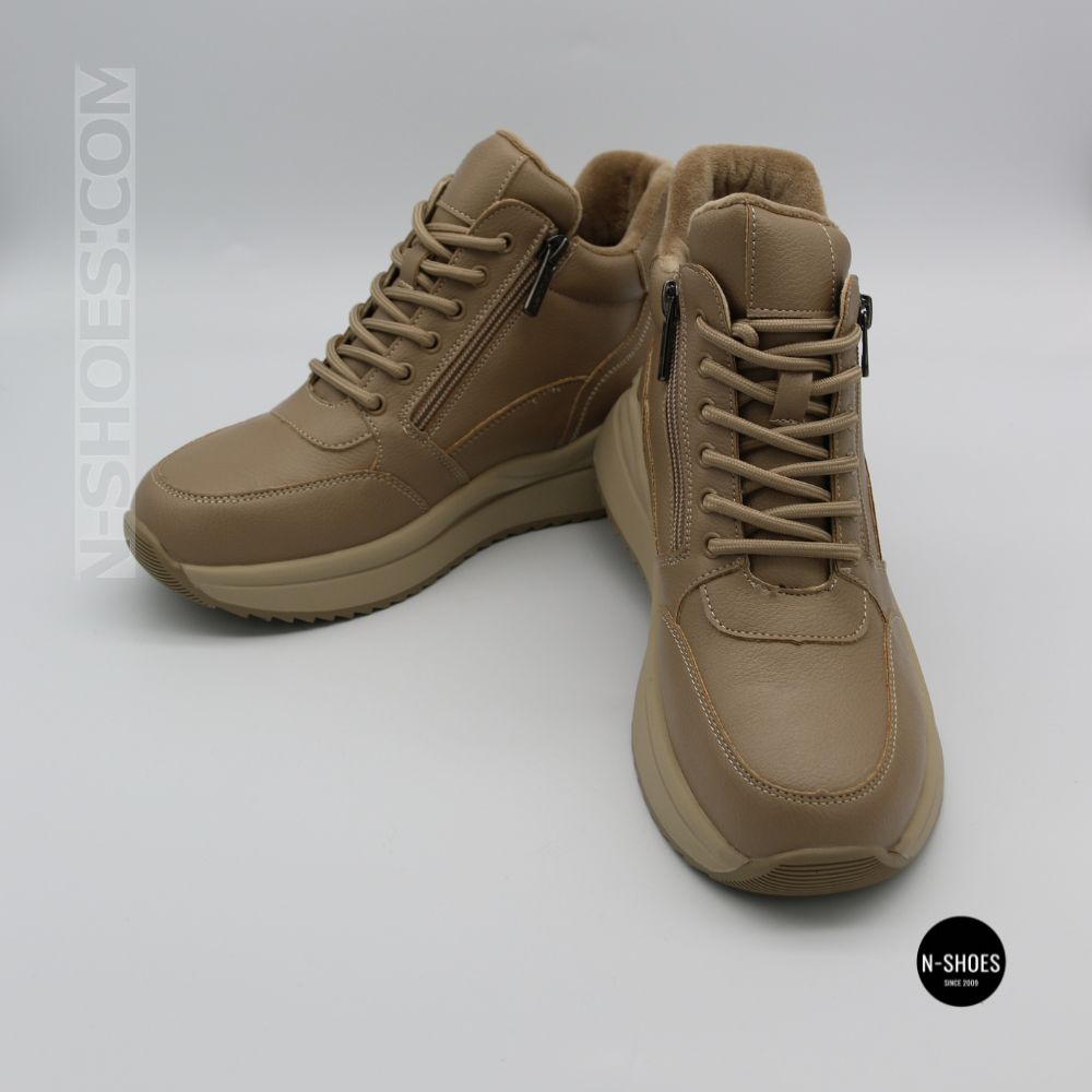 Beige Leather Women's Winter Sneaker Boots Allsy 215009