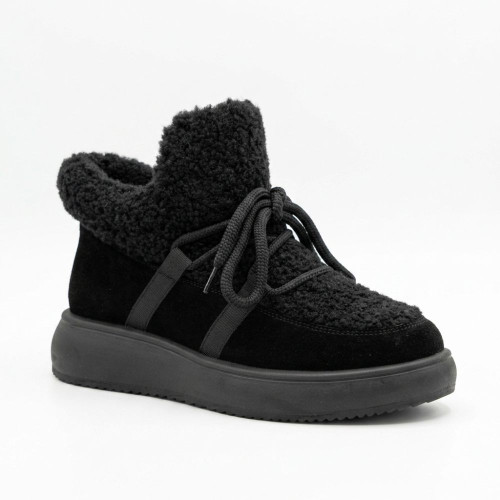 Женские зимние ботинки угги Allsy 217171 89393-80-1 BLACK SUEDE 6388 комфортные черные из натуральной замши с верхом барашка