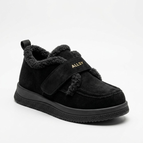 Теплі черевики-лофери туфлі з липучкою ALLSY 218451 XJ2026-105 -1 BLACK SUEDE 6419 чорні з хутряним оздобленням UGG Funkarra Boot