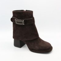Fabio Monelli women's brown genuine suede mid-season ankle boots model 219098 B393-H766-YF340B 6429 featuring a stable heel and a decorative buckle and strap.