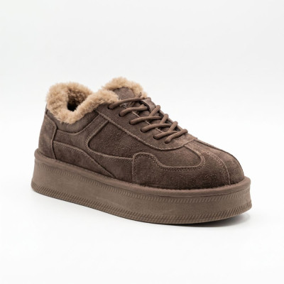 Хайпові жіночі зимові кросівки-уггі Allsy 218333 16837-59-57A BROWN 6458 на платформі з натуральної замші коричневі з хутром