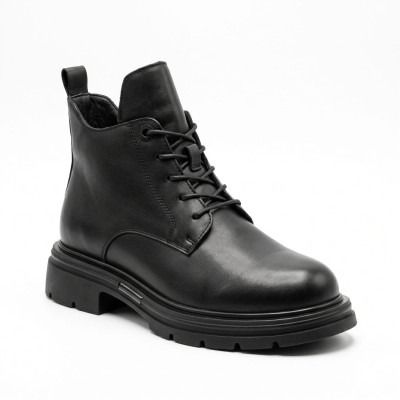 Жіночі зимаві чорні шкіряні черевики Allsy 219306 215237 9286L2-2 BLACK 6469 з натуральної шкіри утеплені вовною на тракторній підошві зі шнурівкою та блискавкою
