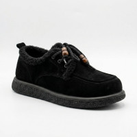 Черные замшевые женские зимние туфли Allsy 216256 lt-26n26a-24m black 6625 на толстой подошве с меховой отделкой и декоративными бусинами на шнурках идеальны для автоледи.
