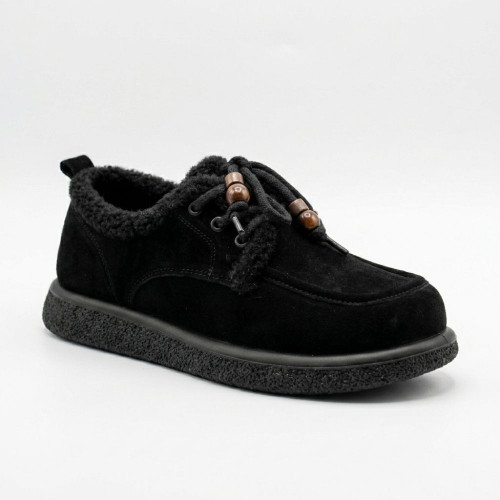 Black suede women's winter shoes Allsy 216256 lt-26n26a-24m black 6625 on a thick sole with fur trim and decorative beads on the laces, perfect for car ladies