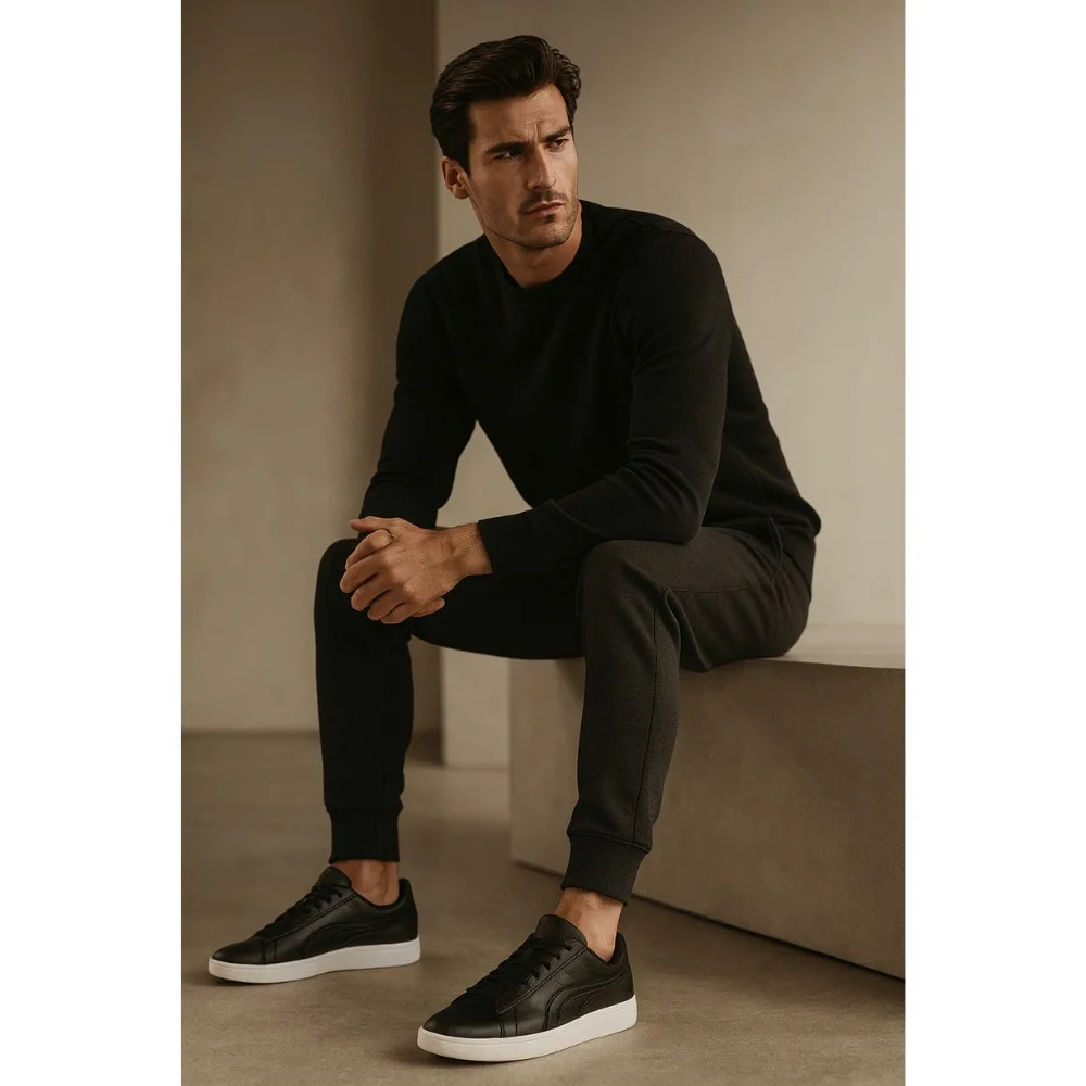 Мужские кроссовки Puma Smash 3.0 L из натуральной кожи чёрные модель 5702