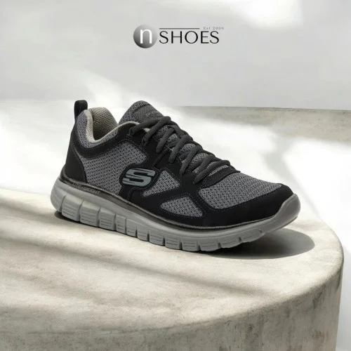 Мужские черные кроссовки Skechers Agoura 52635 BKGY 5769 с натуральной кожи со стелькой Memory Foam на серой подошве от американского бренда