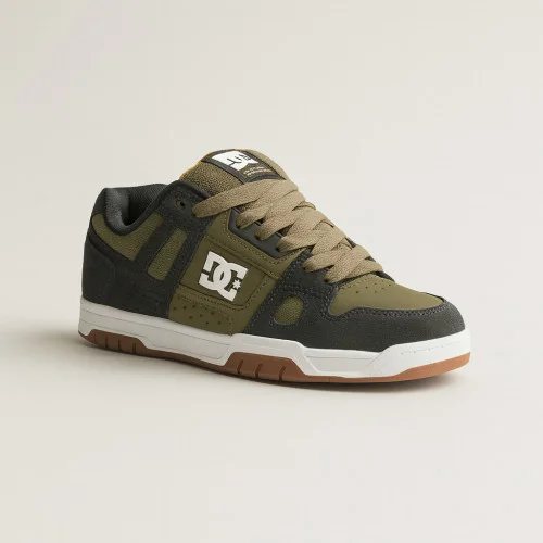 Men's green puffy sneakers with large laces hi-tops DC Stag 320188-ARO 5902 khaki original with genuine leather from the American brand Men's green puffy sneakers with large laces hi-tops DC Stag 320188-ARO 5902 khaki original with genuine leather from the American brand