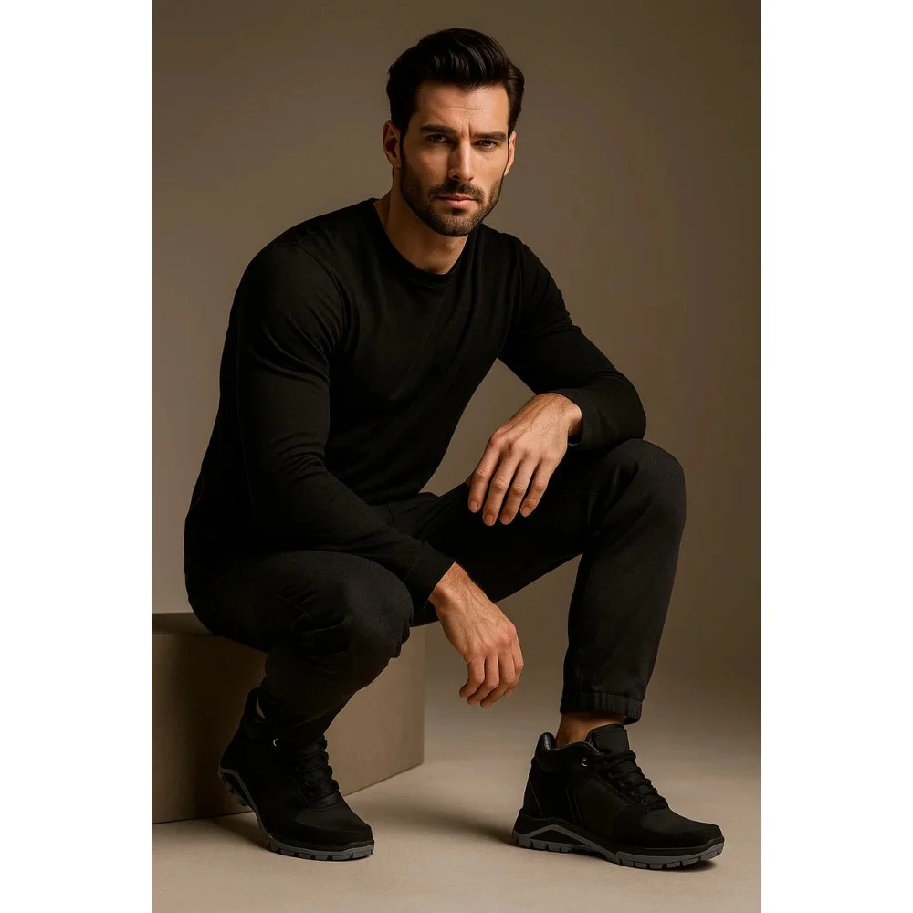 Чоловічі зимові кросівки Alex Bens A2 6070, чорні, шкіра та вовна, у стилі Under Armour