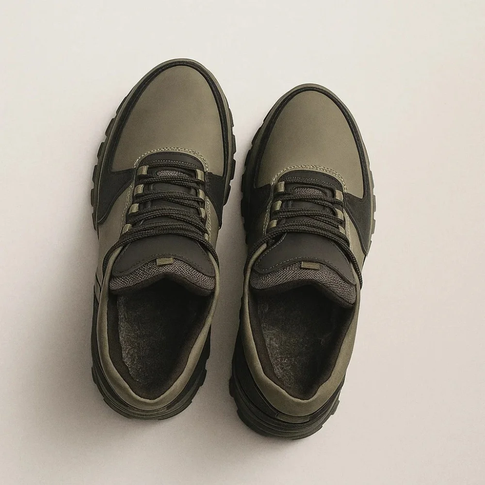 Мужские зимние кроссовки хаки Alex Bens A2 6071 из натуральной кожи и шерсти в стиле Under Armour