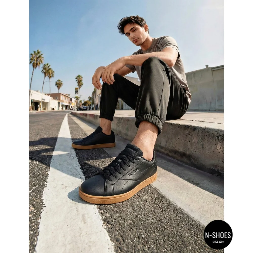 Men's Black Reebok Court Clean 100234604 6098 on Brown Sole