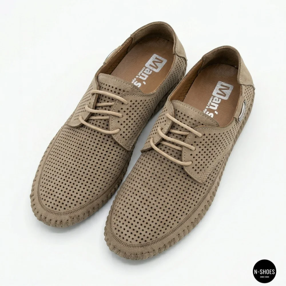 Чоловічі літні бежеві шкіряні мокасини N-SHOES Mens 211829 177 beige nubuk 6196