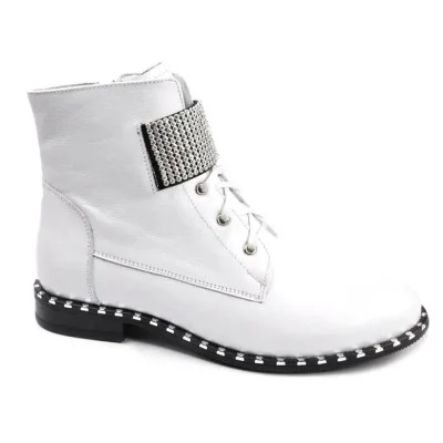 Women's stylish white demi seasonal boots NESSI 19614-bialy-412 4568 with rhinestones for wedding in genuine leather from Polish brand