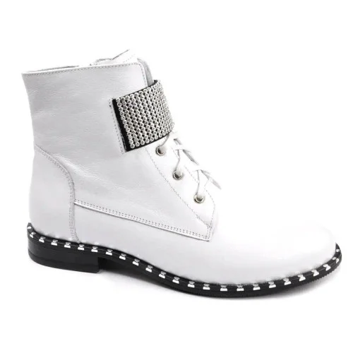 Women's stylish white demi seasonal boots NESSI 19614-bialy-412 4568 with rhinestones for wedding in genuine leather from Polish brand
