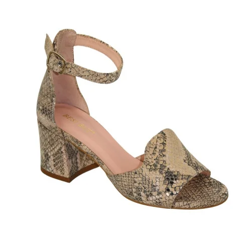 Women's beige sandals Best But Poland 4928 reptiles made of genuine leather with medium heel