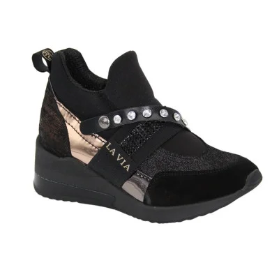 Women's black sneakers boots La Via pn0-91013-1999-0093-13 5086 made of genuine leather with gold inserts and rhinestones from the Polish brand