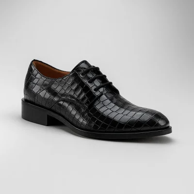 Women's black oxford shoes Solo Femme 77933-08-K89 / 000-03-00 4963 made of genuine leather with imitation crocodile from a Polish manufacturer
