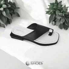 Women's black mobile flip-flops through the toe Evromoda Turkey 454-503-01T226102SYH 4976 made of genuine leather