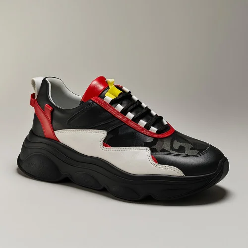 Women's leather sneakers Gold Deer 208-20515-R2 4980 black with red and white inserts made of genuine leather from a Turkish factory