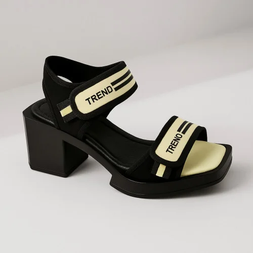 Women's black sandals Ripka Türkiye 153-37TSYH 4982 made of genuine leather with velcro and a stable heel