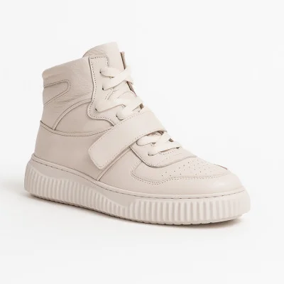 Women's fashionable beige leather sneakers boots Badura WI23-ANIMA-01 White 5461 with Velcro and lacing available in sizes 36 and 37, made of natural leather from a Polish brand