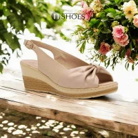 Women's beige leather wedge sandals Sarah Karen EST-L86-02 5572