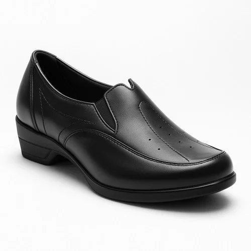Women's black leather shoes without laces with elastic Koszyki 1253-80 czarni with orthopedic insole 5587