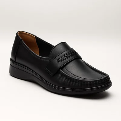 Women's black leather loafers without laces Kaloszyki 1250 etna czarni with orthopedic insole 5588