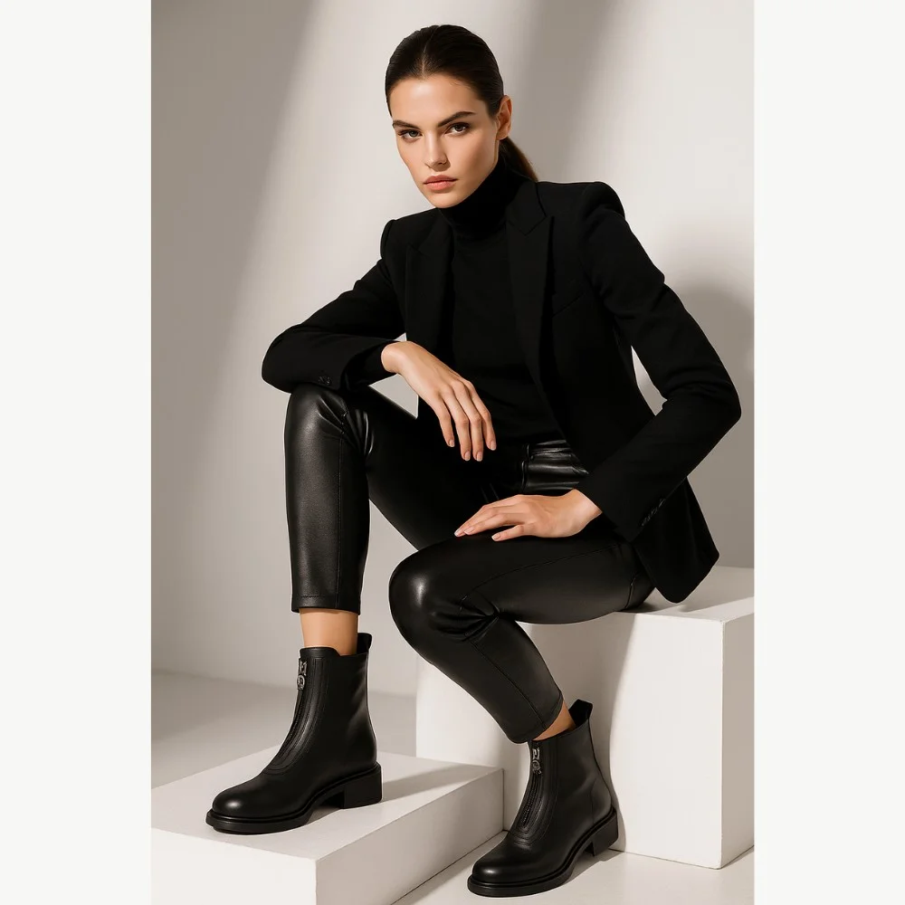 Women’s Black Leather Mid-Season Boots Anna Lucci 190873 dx793-9a black 5714