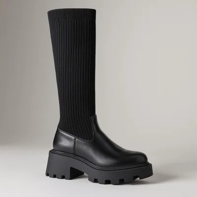 Women's black knitted platform thigh-high boots KEDDO 848427 10-01W 5746 over the knee knitted long with rounded toe