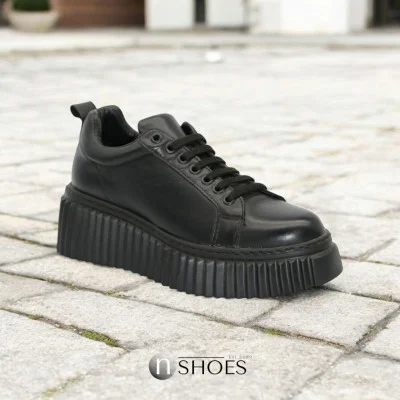 Women's black leather wedge sneakers La Pinta 6021 0774-akl100d-1 5747 made of genuine leather from a Turkish manufacturer