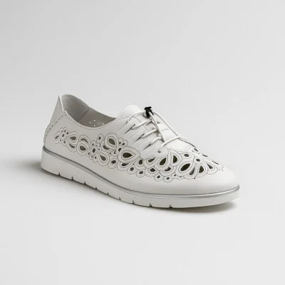 Women's white moccasins shoes with perforation ALLSY Lonza 195162 5386-1 white 5836 made of genuine leather on a platform and rubber laces