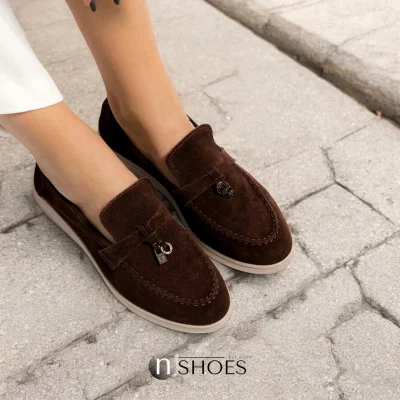 Women's fashionable brown loafers Loro Piana 340-3041-36 c 5842 made of genuine chocolate suede with pendants on the vamp