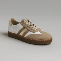 Жіночі модні білі з бежевими та золотистими вставками кросівки Simen 7481a bez-zloty 5853 із натуральної шкіри від польського бренду у стилі Gant Cuzima