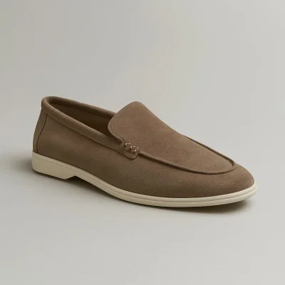 Women's fashion beige loafers Loro Piana Classy Dark Gray 200585 5863 made of genuine suede without a vamp in the style of Giuseppe Zanotti Avela New York Cassidy Light Gray