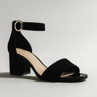 Women's black classic sandals SALA 20730 21 5864 made of genuine suede with a medium heel with a closed heel and an ankle strap in the Gabor style
