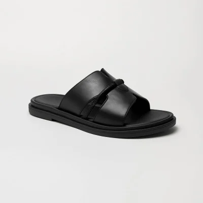 Women's stylish black flip-flops Romax Comfort 0861 5873 made of genuine leather with a decorative insert decorated with rhinestones