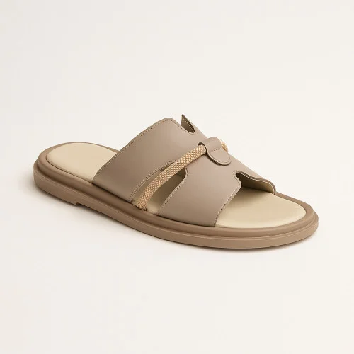 Women's beige leather slippers Romax Comfort 0861-48 5905 with elegant decoration on the platform from the Ukrainian factory