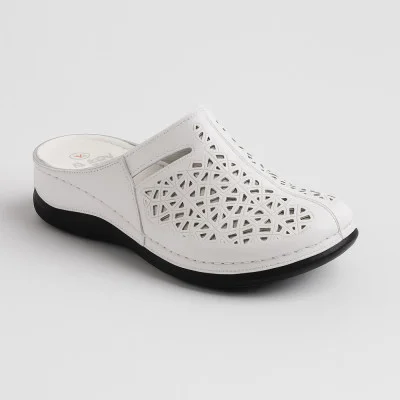 Women's white leather closed-toe slippers ALLSY 207208 195155 3812-1 White 5918 comfortable model made of genuine leather, ideal for wide feet