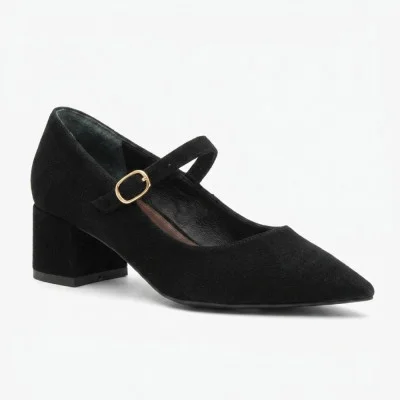 Black suede block heel shoes with strap Rylko 690 B4NM1-T1-14F BLACK 36846 5971 from the Polish brand