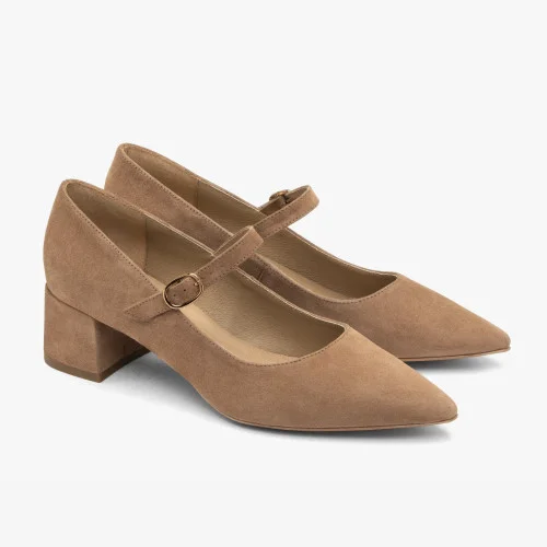 Classic beige suede Mary Jane shoes with block heel and strap Rylko 847 B4BM1-T1-6TWF 36847 5972 from the Polish brand