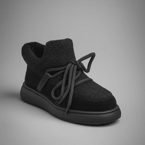 Fashionable women's black suede ugg boots ALLSY Lonza 203416 89393-80-1 BLACK 6025 with laces and lamb upper inserts