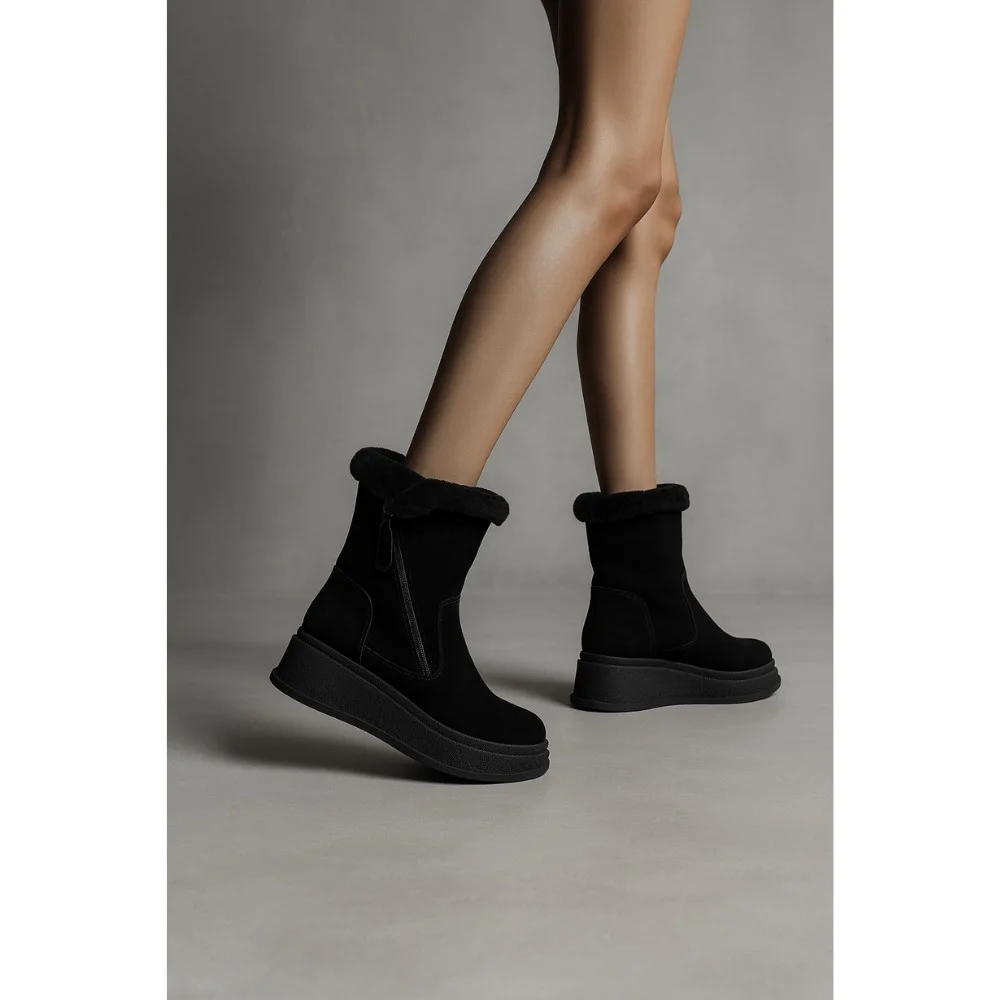 Жіночі зимові черевики на танкетці Anna Lucci з натуральної замші, чорні 202480 80923-15A BLACK SUEDE 6028