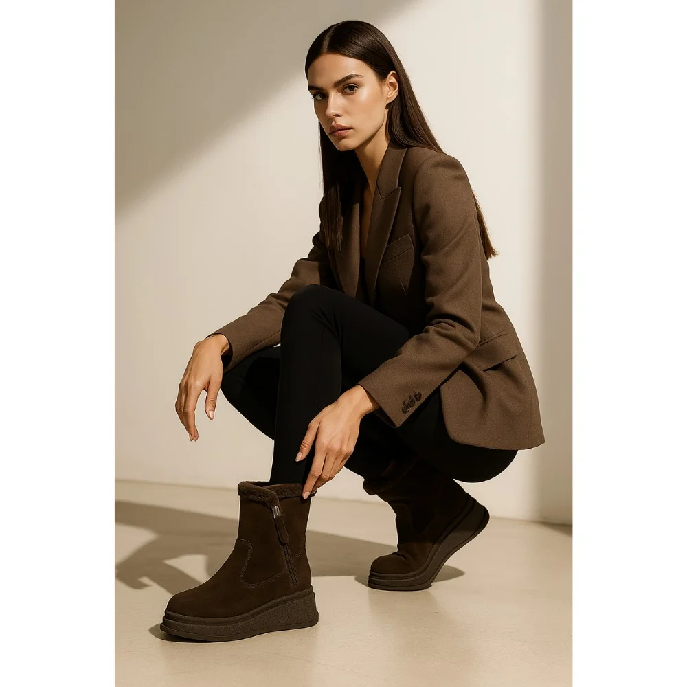 Жіночі коричневі зимові черевики на танкетці Anna Lucci 202478 80923-15B BROWN SUEDE 6029 натуральна замша