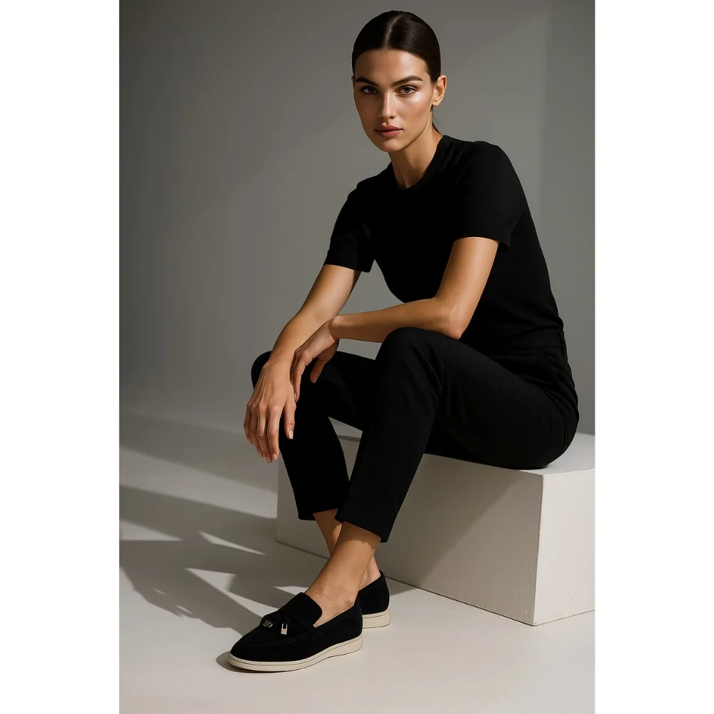 Жіночі замшеві лофери Loro Piana Summer Charms Walk, чорні - 206179 1098ТZ 340-3041 C 6045