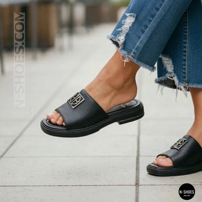 Women's Black Leather Slides Allsy Lonza 208132 035-3 BLACK DG Style