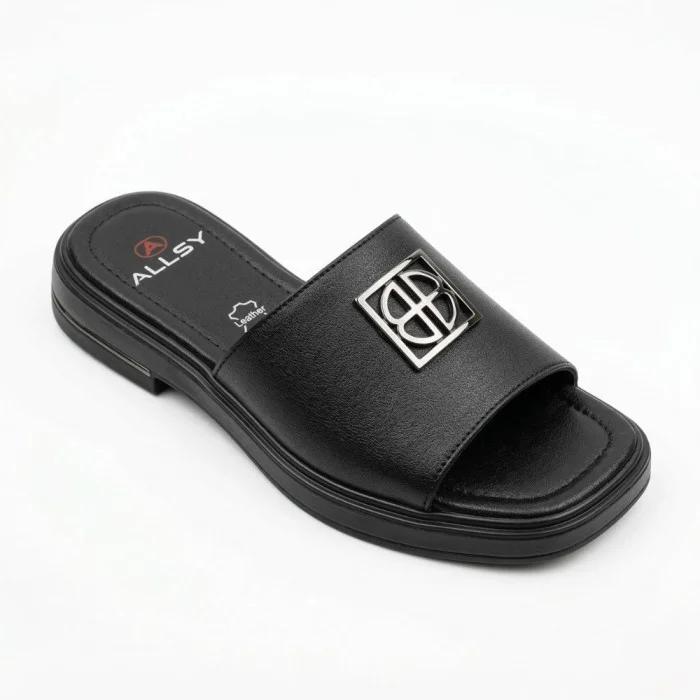 Women's Black Leather Slides Allsy Lonza 208132 035-3 BLACK DG Style