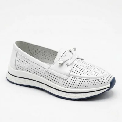 Women's white leather moccasins with perforation Allsy 207258 A09-7721-1 WHITE lonza 207259 6126 with comfortable lacing