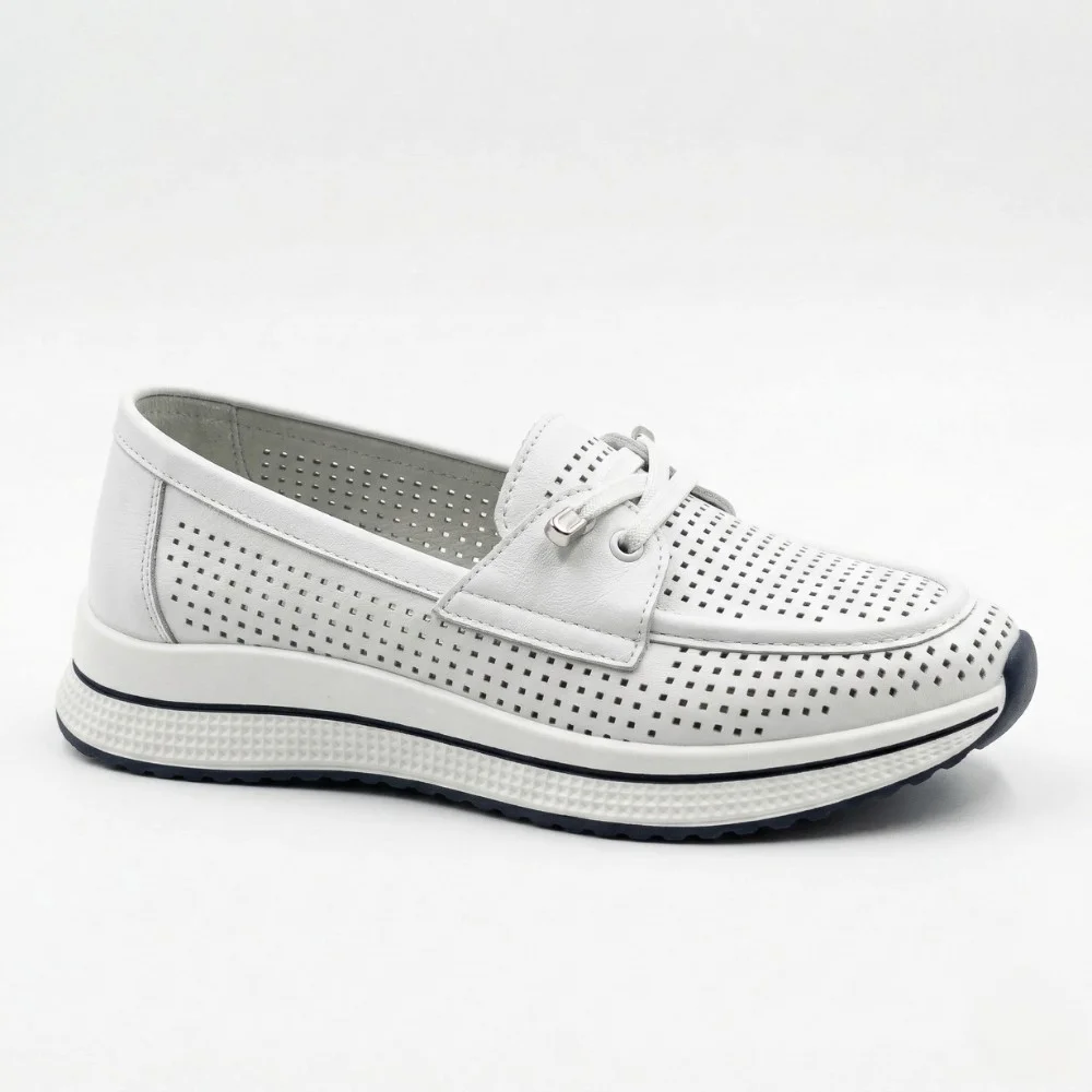Women's White Leather Perforated Moccasins with Comfortable Lace-up