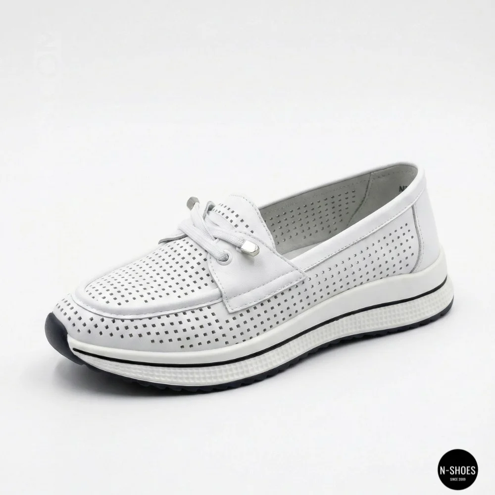 Women's White Leather Perforated Moccasins with Comfortable Lace-up